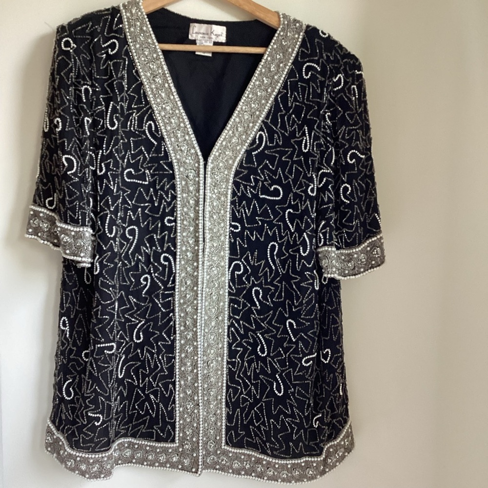 Laurence Kazar Jacke 1X Black Silk Beaded Sequins Faux Pearls Vintage Holiday
